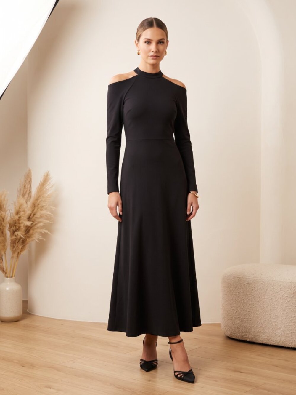 Zara Black Long Sleeve Cold-Shoulder Maxi Dress